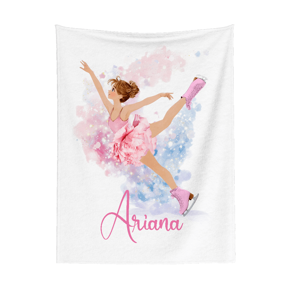 Personalized Dreamy Figure Skating Girl Blanket with Birth Flower and Name, Soft Sherpa Flannel Blanket for Room Decor, Gift for Skating Lovers