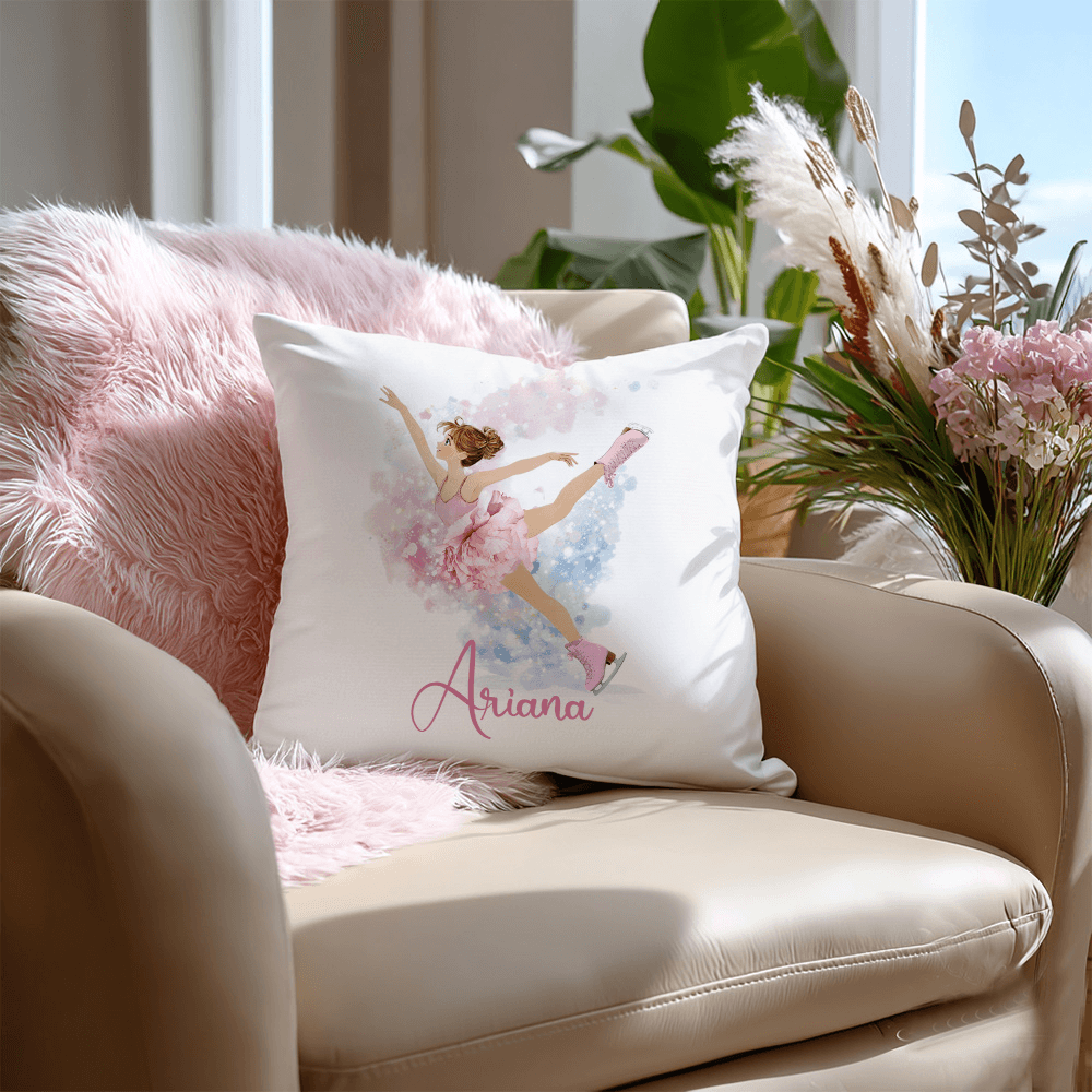 Personalized Dreamy Figure Skating Girl Pillow with Birth Flower and Name, Soft Throw Pillow Cover for Couch/Bedroom, Gift for Skating Lovers