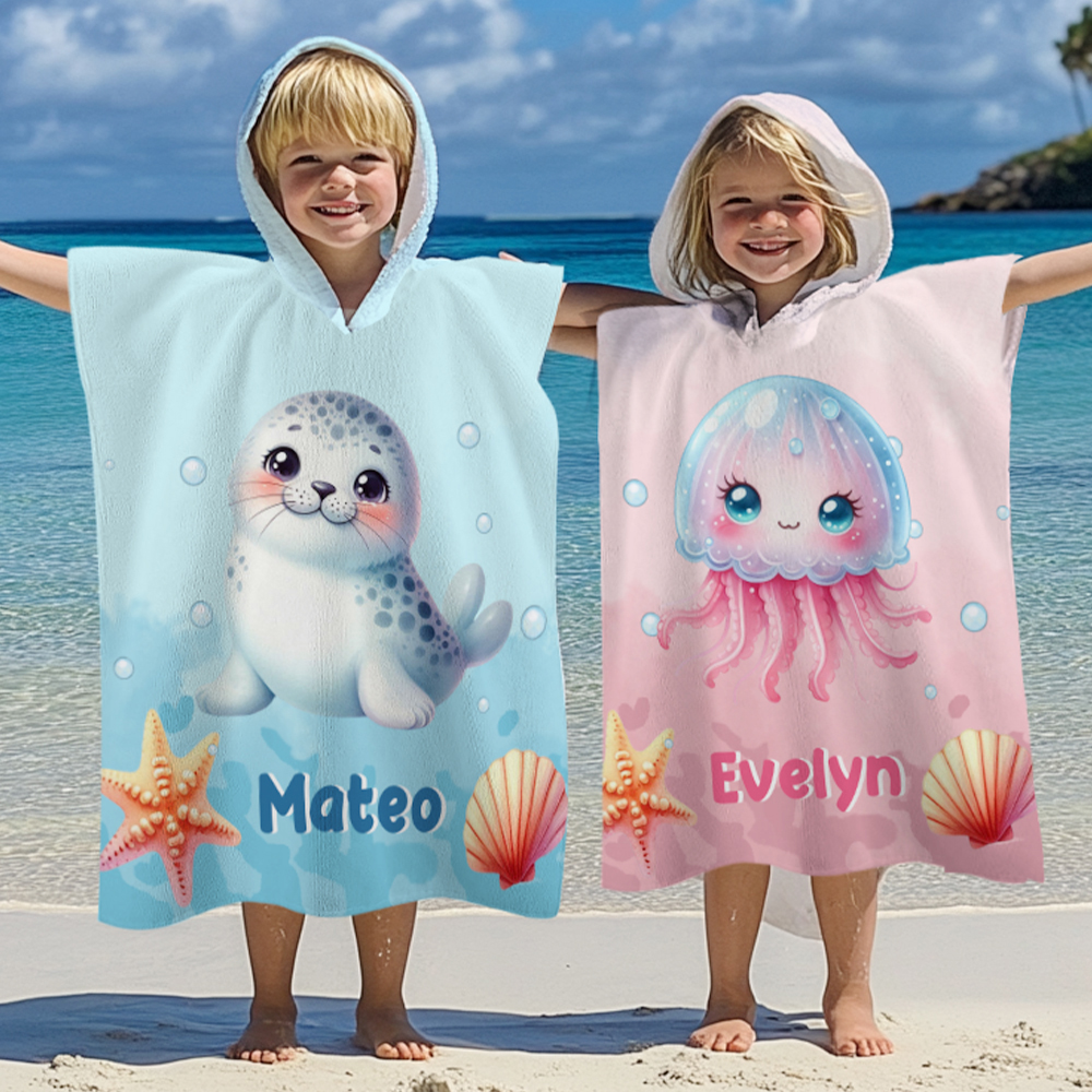 Serviette de Plage à Capuche Personnalisée avec Motifs Animaux Marins Mignons et Nom Cadeau Été Anniversaire pour Garçons Filles