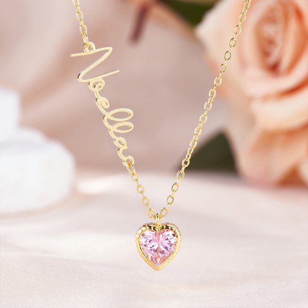 Personalized Heart Birthstone Pendant Necklace with Name Dainty Jewelry Birthday Anniversary Gift for Women Girls