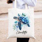 Personalisierte florale Meeresschildkröte wiederverwendbare Canvas Tote Bag mit Namen Sommer Strand Urlaub Reisen Essentials Geburtstag Geschenk für Frauen