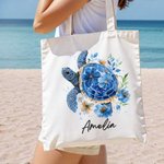 Personalisierte florale Meeresschildkröte wiederverwendbare Canvas Tote Bag mit Namen Sommer Strand Urlaub Reisen Essentials Geburtstag Geschenk für Frauen