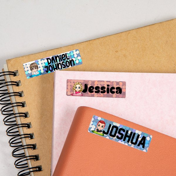Autocollants Holographiques Personnalisés avec Motif Crayon Personnage de Dessin Animé et Nom Étiquette d’Identité Cadeau Rentrée pour Enfants Élèves