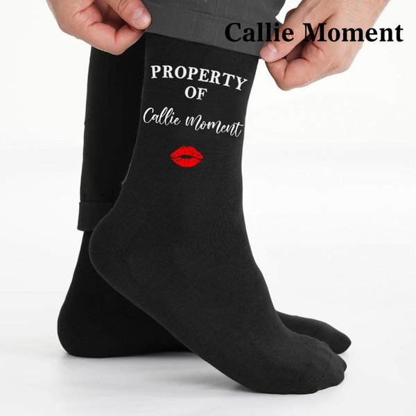 Callie Moment Personalized Pure Cotton Soft Red Lip Print Property Of Name Mid-Calf Socks Valentine's Day Anniversary Gift for Husband Boyfriend