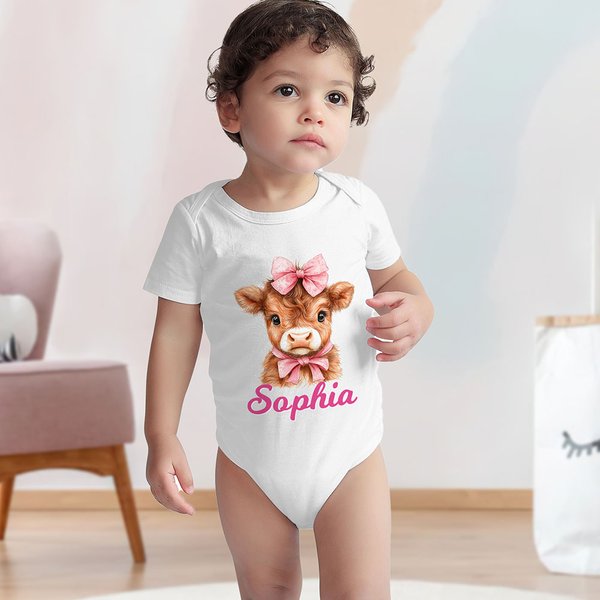 Personalized Cute Highland Cow 100% Cotton Baby Bodysuit with Name Full Moon Baby Shower Gift for Baby Girl Boy