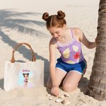 Personalised Summer Shiny Fashion Cartoon Girl Large Canvas Tote Bag with Leather Handle Beach Vacation Accessories Birthday Gift for Girls Women