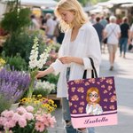Personalized Cartoon Girl Flying Birth Flower Large Tote Bag with Name Daily Use Travel Essential Birthday Anniversary Gift for Women