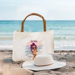 Personalised Summer Shiny Fashion Cartoon Girl Large Canvas Tote Bag with Leather Handle Beach Vacation Accessories Birthday Gift for Girls Women