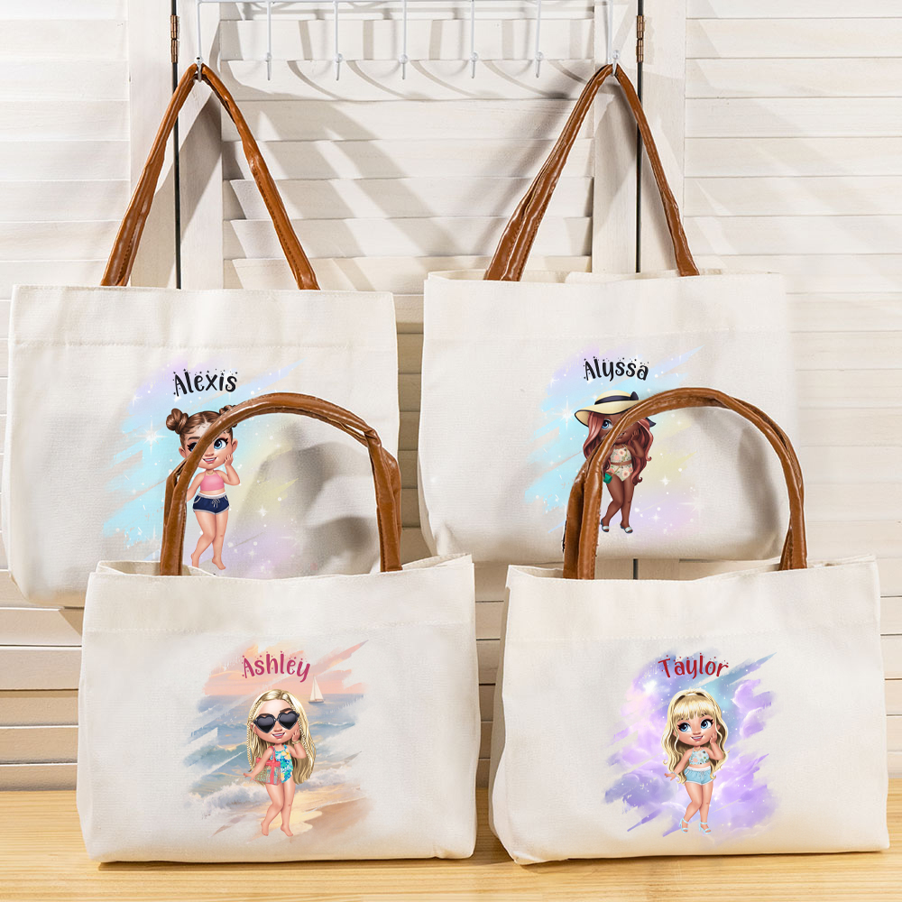 Sac Fourre-tout en Toile Personnalisé avec Nom et Personnage Cartoon de Fille à la Mode Accessoire avec Anses en Cuir PU Cadeau pour Femme Fille