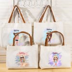 Personalised Summer Shiny Fashion Cartoon Girl Large Canvas Tote Bag with Leather Handle Beach Vacation Accessories Birthday Gift for Girls Women