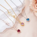 Personalised Heart Birthstone Pendant Necklace with Name Dainty Jewellery Birthday Anniversary Gift for Women Girls