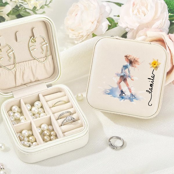 Personalized Cartoon Skating Girl Birth Flower PU Leather Jewellery Box with Name Travel Essentials Birthday Game Day Gift for Women