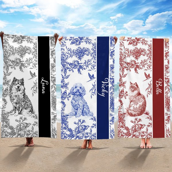 Personalized Toile De Jouy Pet Pattern Quick Dry Soft Oversized Beach Towel with Name Summer Vacation Beach Party Birthday Gift for Dog Cat Lovers