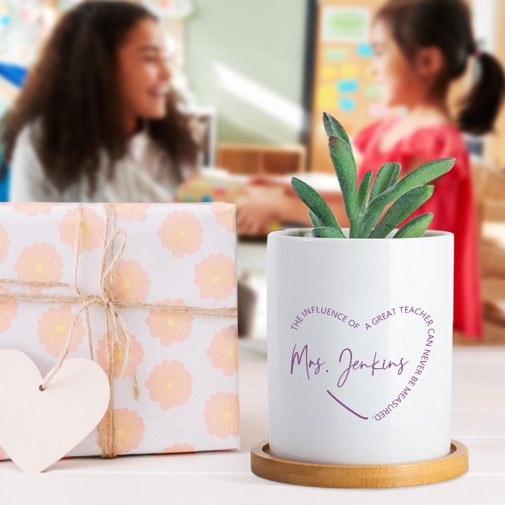 Pot à plantes en céramique avec drainage et plateau en bambou Décoration de bureau Appréciation Cadeau de fête pour les enseignants