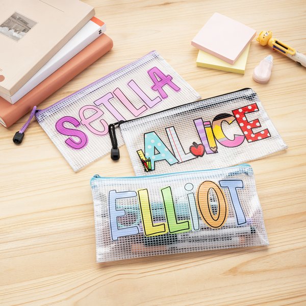 Gepersonaliseerde kleurrijke naam Waterdichte Mesh Pencil Pouch met rits Schoolbenodigdheden terug naar school Gift voor kinderen