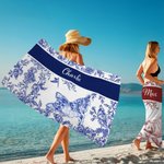 Personalized Toile De Jouy Pet Pattern Quick Dry Soft Oversized Beach Towel with Name Summer Vacation Beach Party Birthday Gift for Dog Cat Lovers