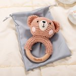 Personalised Cute Bear Lion Crochet Baby Rattle Toy Wooden Infant Teether with Engraved Name Baby Shower Birthday Gift for Newborn