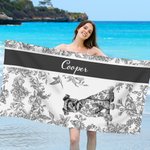 Personalized Toile De Jouy Pet Pattern Quick Dry Soft Oversized Beach Towel with Name Summer Vacation Beach Party Birthday Gift for Dog Cat Lovers