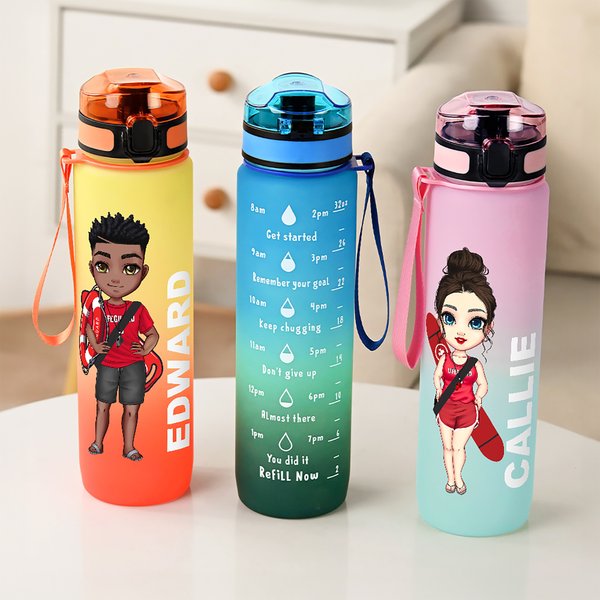 Personalised Cartoon Lifeguard Character 32 oz Gradient Sport Water Bottle with Name and Time Marker Gratitude Birthday Gift for Lifeguards
