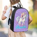 Personlig ryggsekk med navn på en enhjørning med doble glidelåser og sidelommer Bursdagsgave til skolestart for barn og studenter