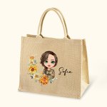 Borsa tote in iuta riutilizzabile personalizzata con fiore di nascita nome e personaggio regalo di compleanno per donne