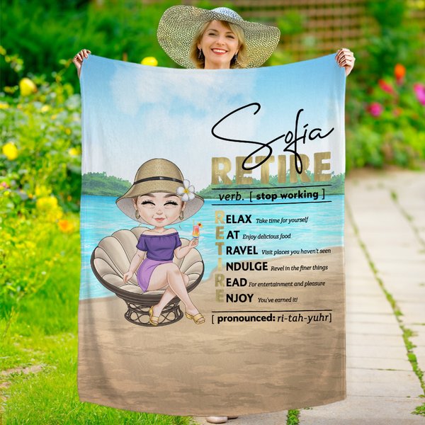 Personalizada Mujer Jubilada Personaje de dibujos animados Manta con nombre Jubilación Nuevo comienzo Regalo para jubilados Familia