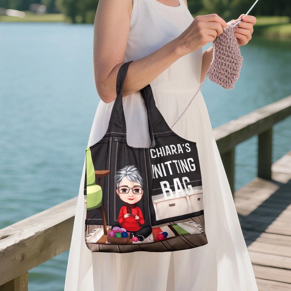 Borsa tote grande riutilizzabile personalizzata con personaggio in stile cartone animato regalo di festa della mamma per amanti di lavoro a maglia