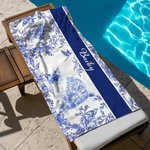 Personalized Toile De Jouy Pet Pattern Quick Dry Soft Oversized Beach Towel with Name Summer Vacation Beach Party Birthday Gift for Dog Cat Lovers
