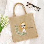 Borsa tote in iuta riutilizzabile personalizzata con fiore di nascita nome e personaggio regalo di compleanno per donne