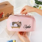 Personalised Birth Flower Sewing Machine Wide Opening PU Leather Makeup Bag with Name Travel Essentials Birthday Wedding Gift for Women