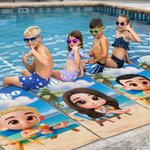 Toalla de playa personalizada con nombre 3D de dibujos animados de secado rápido regalo de cumpleaños para fiesta en la playa o viajes para niños