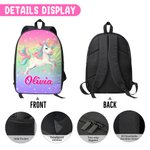 Personlig ryggsekk med navn på en enhjørning med doble glidelåser og sidelommer Bursdagsgave til skolestart for barn og studenter