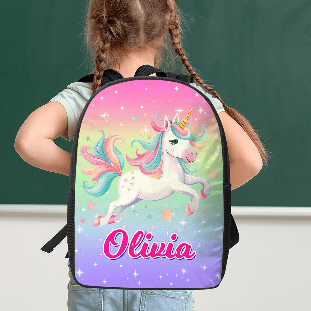Sac à dos personnalisé au nom d'une licorne fantastique avec double fermeture éclair et poches latérales Cadeau d'anniversaire de rentrée scolaire pour les enfants et les étudiants