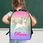 Personlig ryggsekk med navn på en enhjørning med doble glidelåser og sidelommer Bursdagsgave til skolestart for barn og studenter