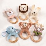 Personalised Cute Bear Lion Crochet Baby Rattle Toy Wooden Infant Teether with Engraved Name Baby Shower Birthday Gift for Newborn