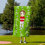 Toalla de playa personalizada de secado rápido con personaje de fútbol en caricatura nombre y número regalo para equipos y fanáticos del fútbol