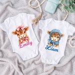 Personalised Cute Highland Cow 100% Cotton Baby Bodysuit with Name Full Moon Baby Shower Gift for Baby Girl Boy