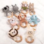Personalised Cute Bear Lion Crochet Baby Rattle Toy Wooden Infant Teether with Engraved Name Baby Shower Birthday Gift for Newborn