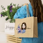 Borsa tote in iuta riutilizzabile personalizzata con fiore di nascita nome e personaggio regalo di compleanno per donne