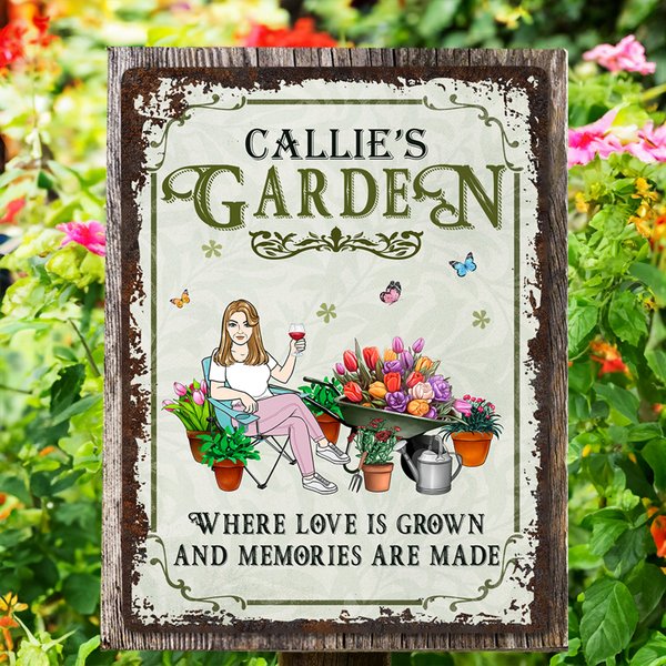 Gepersonaliseerde Retro tuinieren cartoon karakter metalen bord met naam tuin Yard Decor Housewarming pensioen verjaardagscadeau voor mama oma vrienden