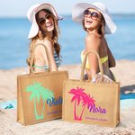 Sac Fourre-Tout en Jute Personnalisé avec Motif Palmier Nom et Texte Cadeau Anniversaire Plage Mariage pour Femmes et Demoiselles d’Honneur