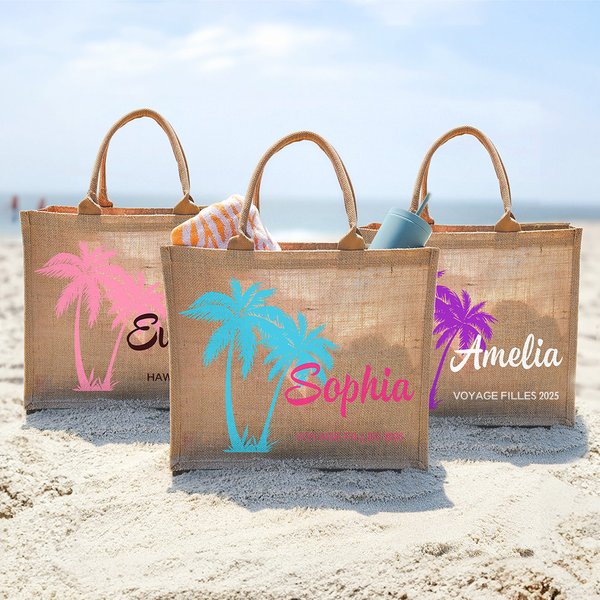 Sac Fourre-Tout en Jute Personnalisé avec Motif Palmier Nom et Texte Cadeau Anniversaire Plage Mariage pour Femmes et Demoiselles d’Honneur