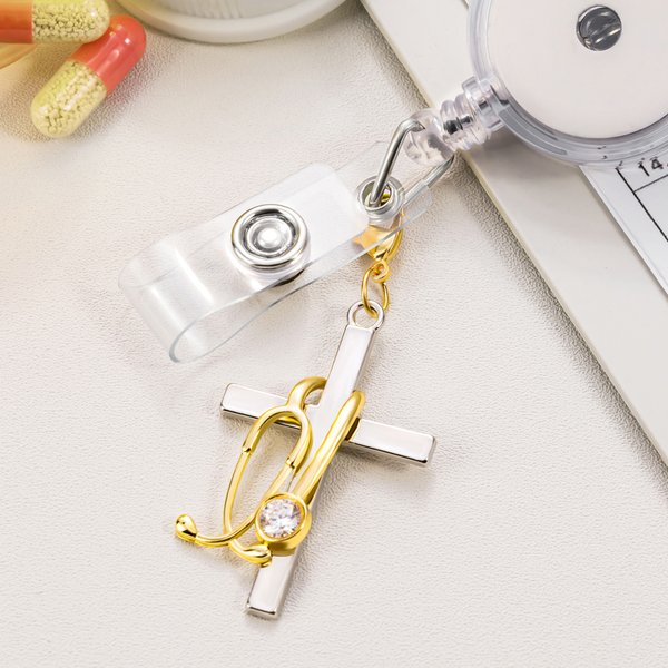 Personalised Medical Stethoscope Cross Badge Reel Charm with Birthstone International Nurses Day Graduation Birthday Gift for Nurses Doctors