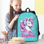 Personlig ryggsekk med navn på en enhjørning med doble glidelåser og sidelommer Bursdagsgave til skolestart for barn og studenter