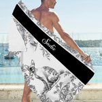 Personalized Toile De Jouy Pet Pattern Quick Dry Soft Oversized Beach Towel with Name Summer Vacation Beach Party Birthday Gift for Dog Cat Lovers