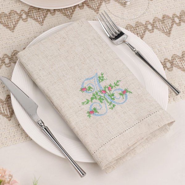 Personalized Embroidered Spring Flower Vintage Initial Linen Napkin Table Decor Housewarming Wedding Tea Party Gift for Hostess Family Friend