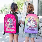 Personlig ryggsekk med navn på en enhjørning med doble glidelåser og sidelommer Bursdagsgave til skolestart for barn og studenter
