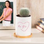 Personalized A Great Teacher Heart Quotes Ceramic Plant Pot with Drainage and Bamboo Tray Desk Decor Appreciation Teacher's Day Gift for Teachers