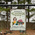 Personalized Vintage Garden Cartoon Character Metal Sign with Name Garden Decor Housewarming Birthday Gift for Grandma Mom Gardening Lovers