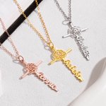 Personalised Exquisite Hollow Birth Flower Cross Necklace with Name Religious Women Jewellery Birthday Anniversary Baptism Gift for Christian